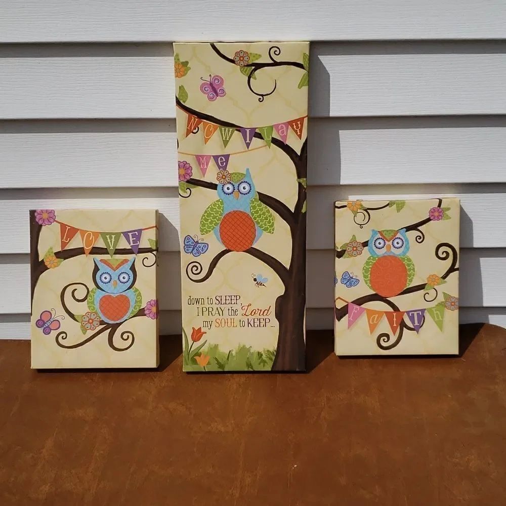 EUC Cute 3 Pc Owl Kids Room Pictures Wall Decor